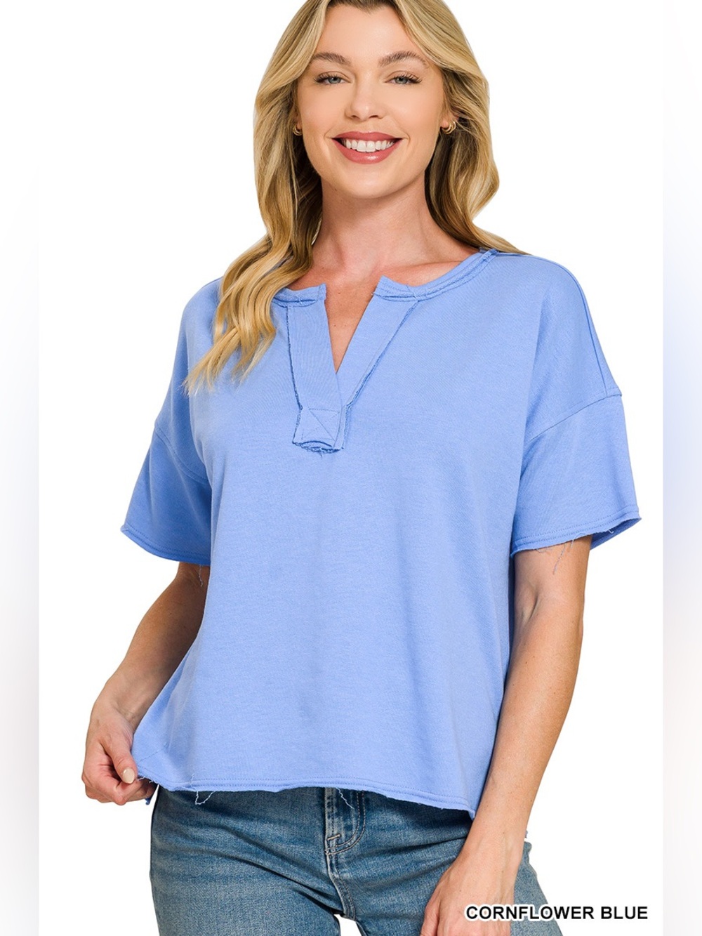 Zenana Cornflower Blue French Terry Split Neck Exposed Seam Top